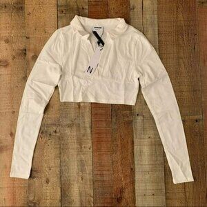 Noisy may women's size XS long sleeve crop top polo with v neck in white NWTs